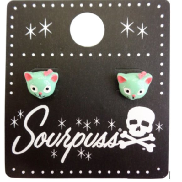 Sourpuss Jewelry - Mint Green and Pink Cat Studs - 1950s Kitsch Vintage Inspired Kittens Cute NWT